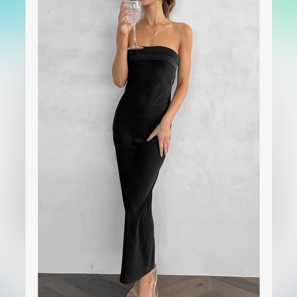 Realtix Black Satin Backless Tube Top Maxi Dress- Women's Medium